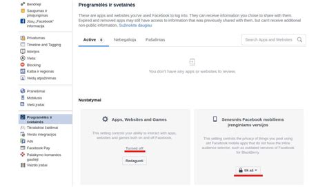 Facebook programėlių ir svetainių nustatymai