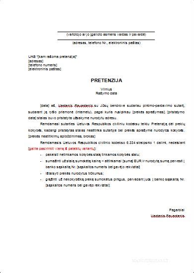 Pretenzijos pavyzdys