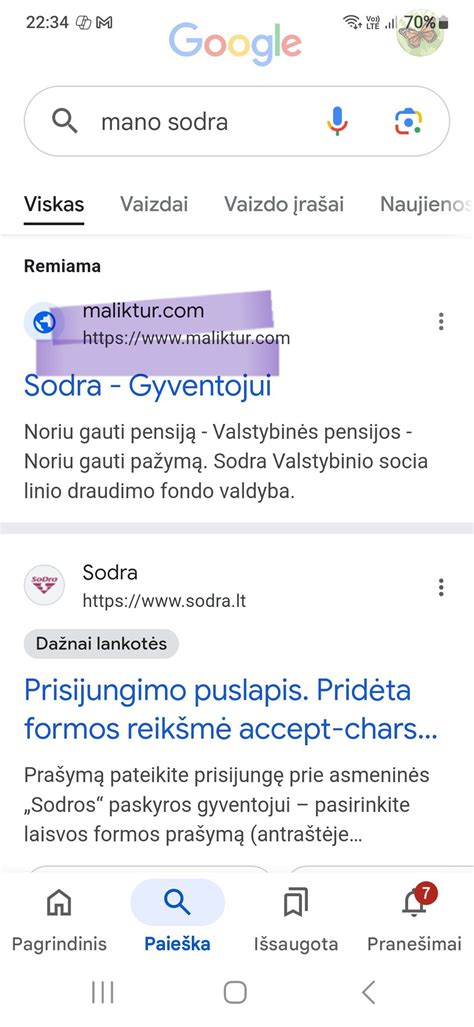 Sodros prisijungimo puslapis