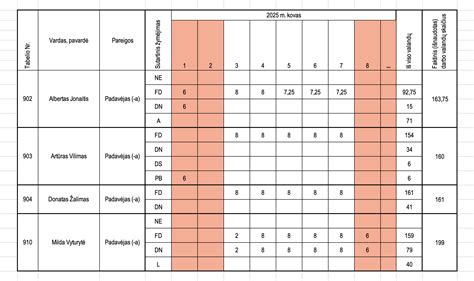 Vieno mėnesio tabelio pavyzdys